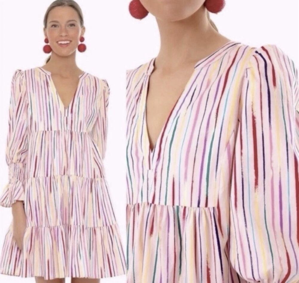 Pomander Place Nantucket Dress Women’s Medium Pink Multicolor Striped V-Neck